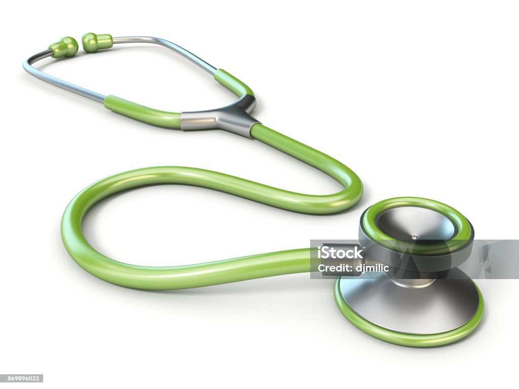 Green medical stethoscope 3D Green medical stethoscope 3D render illustration isolated on white background Stethoscope Stock Photo