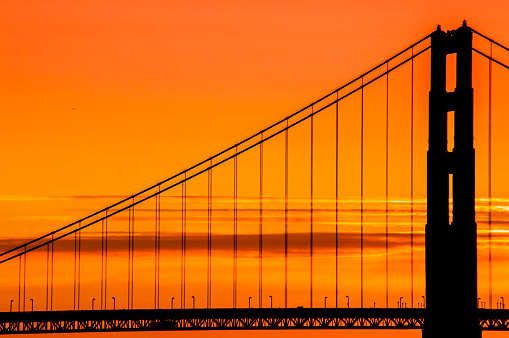 golden gate bridge section silhouetted against an orange sunset sky