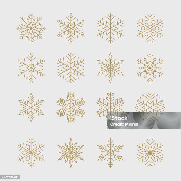Ensemble Minimal De Flocons Or Vecteurs libres de droits et plus d'images vectorielles de Flocon de neige - Neige - Flocon de neige - Neige, Or - Métal, Noël