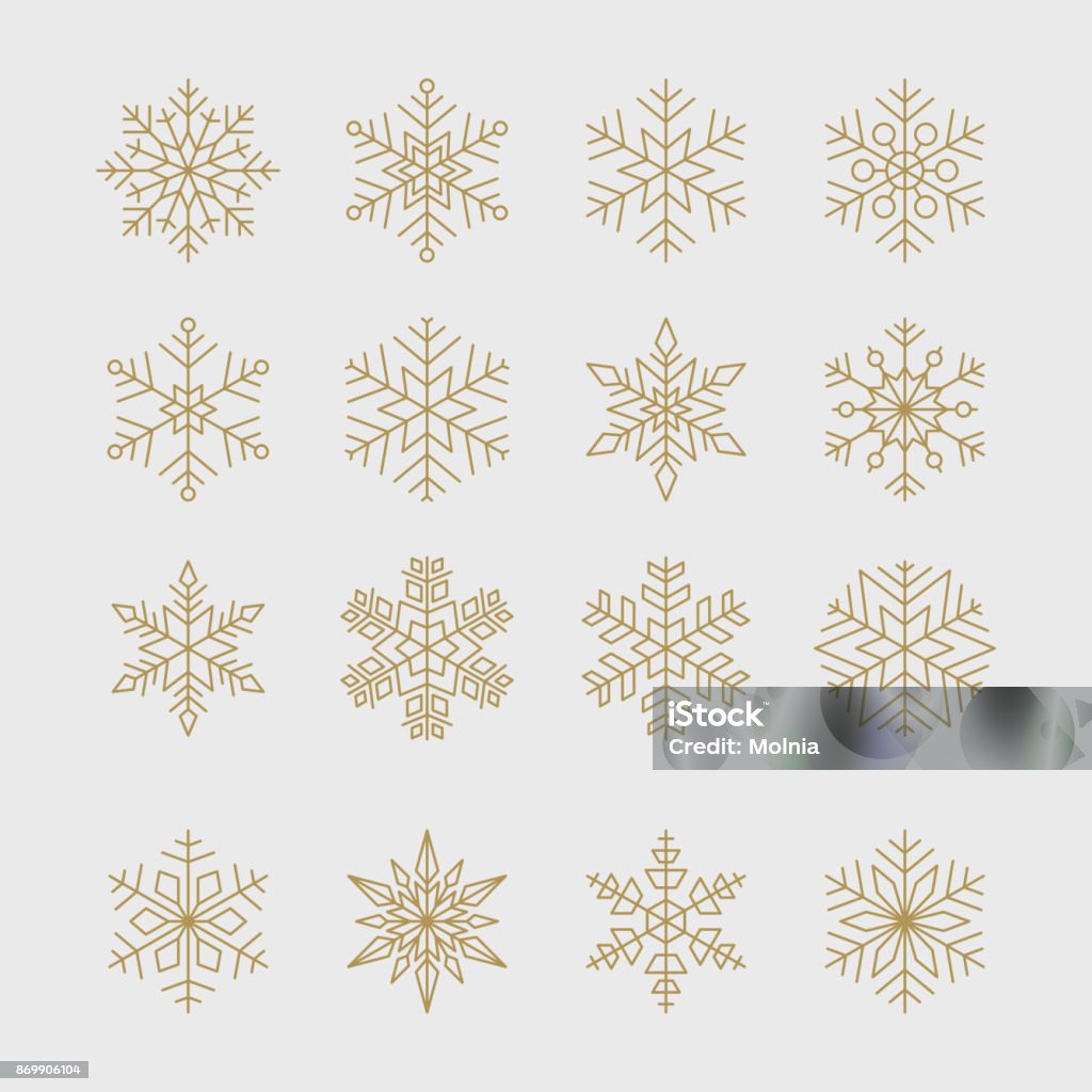 Minimal golden snowflakes set Set of minimal geometric golden snowflakes for Christmas and new year design. Snowflake Shape stock vector