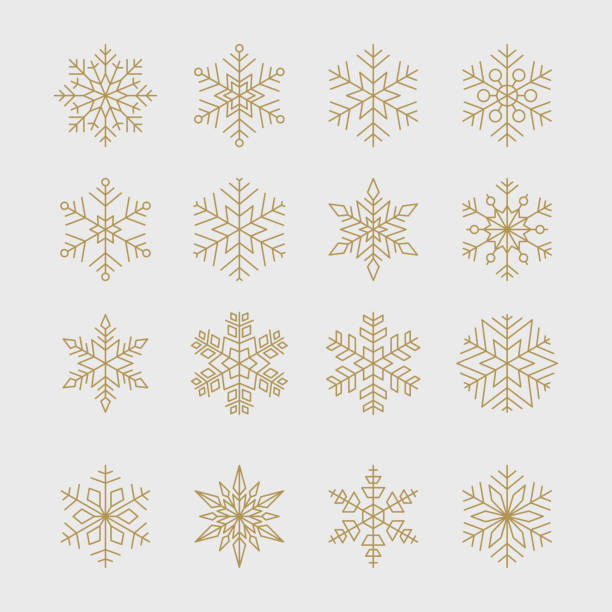 Minimal golden snowflakes set Set of minimal geometric golden snowflakes for Christmas and new year design. snowflake shape icons stock illustrations
