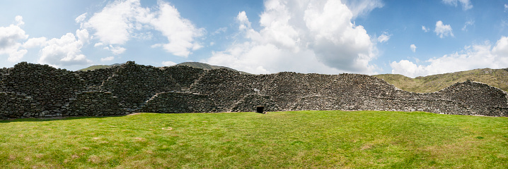 Panoramic shot of Staigue stone ringfort in rural County Kerry, Ireland. It dates to the late iron age 300 to 400 AD. Multiple files stitched.