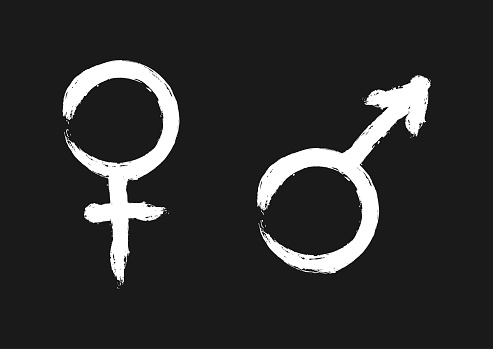 Male and female symbols. Sign of sexual identity. White silhouette on black background.