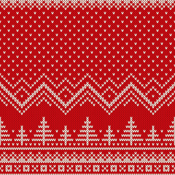 Winter Holiday Seamless Knitted Pattern with a Christmas Trees. Knitting Wool Sweater Design. Wool Knit Texture Imitation Seamless Pattern on the Wool Knitted Texture. EPS available christmas sweater stock illustrations
