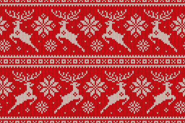 ilustrações de stock, clip art, desenhos animados e ícones de winter holiday seamless knitted pattern with christmas reindeer and snowflakes. wool knitting sweater design - sewing pattern