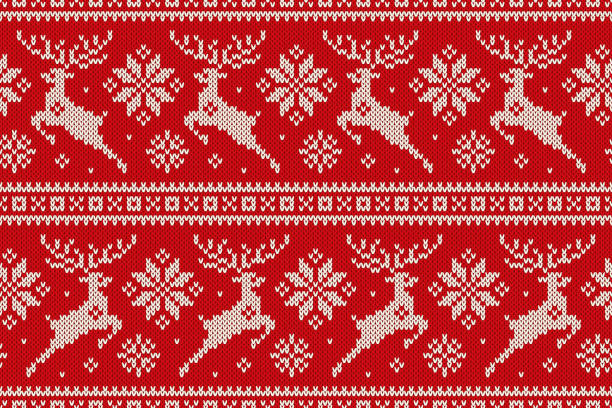Winter Holiday Seamless Knitted Pattern with Christmas Reindeer and Snowflakes. Wool Knitting Sweater Design Seamless Pattern on the Wool Knitted Texture. EPS available christmas sweater stock illustrations