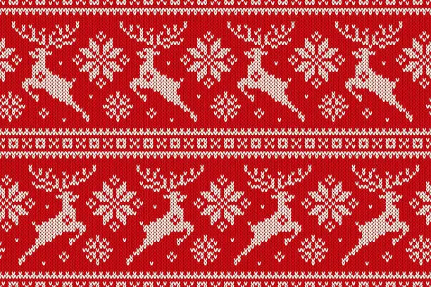 Vector illustration of Winter Holiday Seamless Knitted Pattern with Christmas Reindeer and Snowflakes. Wool Knitting Sweater Design