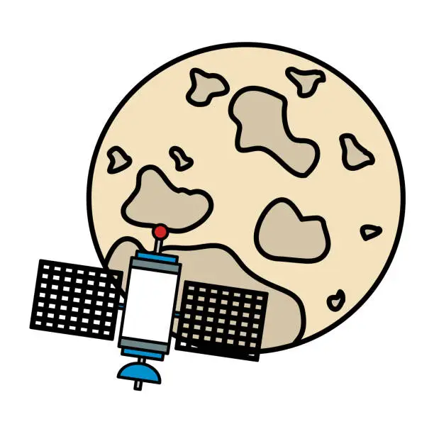 Vector illustration of moon with satellite flying