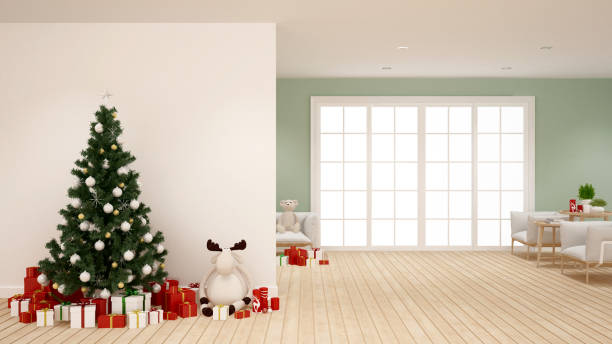 istock christmas tree with and gift in living room -  artwork for Christmas day - 3D Rendering 869921834