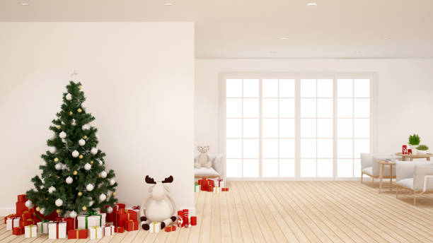 istock christmas tree with and gift in living room -  artwork for Christmas day - 3D Rendering 869922252