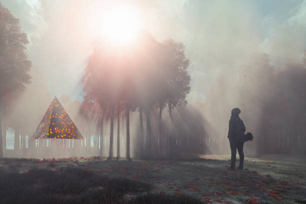 istock Woman with skate and mysterious alien object in the forest 869922648