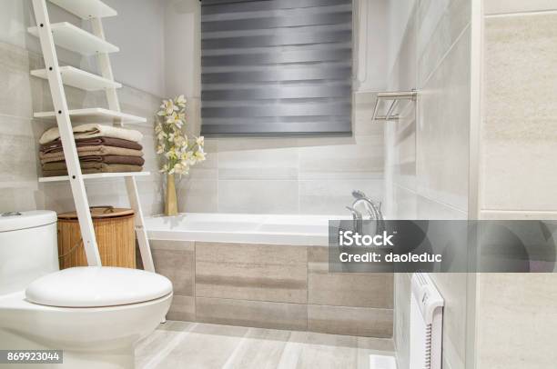 Modern Bathroom In Luxury House Stock Photo - Download Image Now - Bathroom, Tile, Tiled Floor