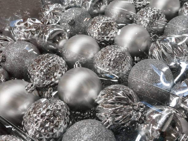 istock Variety of silver christmas balls in clear transparent plastic package. 869933176