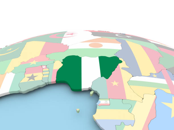 A close up of a colorful globe rotated to show North America. The land masses of the globe graduate in color between green and blue against a golden brow background.  Ample copy space exists on left side of image. 