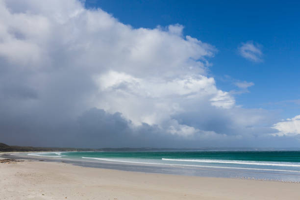 istock White sand beautiful ocean beach under stormy clouds and blue sky 869946636