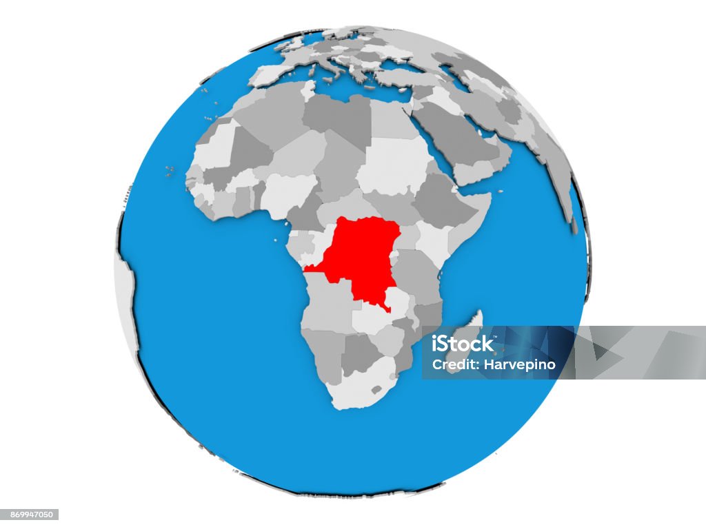 Democratic Republic of Congo on globe isolated Democratic Republic of Congo highlighted in red on political globe. 3D illustration isolated on white background. Africa Stock Photo