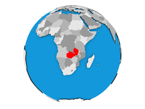 Zambia highlighted in red on political globe. 3D illustration isolated on white background.