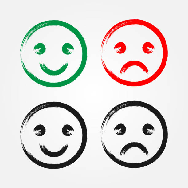 Set of happy and sad smiley drawn with brush. Grunge. Set of happy and sad smiley drawn with brush. Grunge. Green, red, black. smiley face drawing stock illustrations