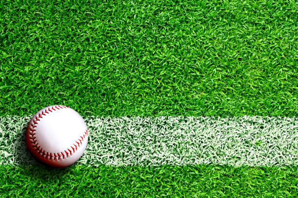 Baseball on Field With Copy Space Baseball on field with white line marking and copy space. Line represents infield line or foul line. foul stock pictures, royalty-free photos & images