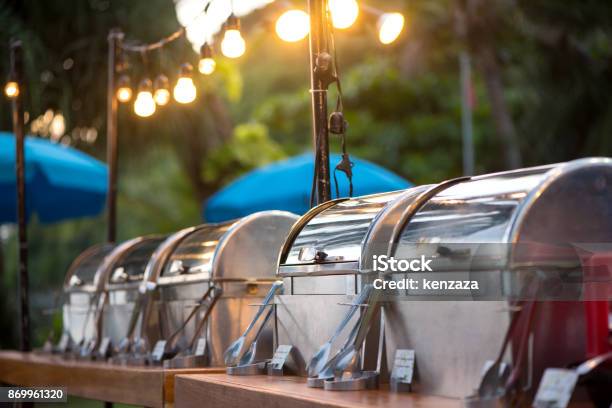Catering Buffet Food Party Outdoors In Garden Stock Photo - Download Image Now - Food And Drink Industry, Barbecue - Meal, Outdoors