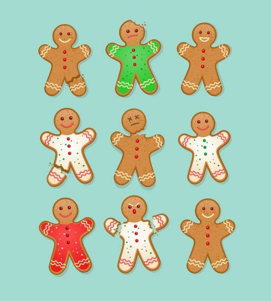 ilustraciones, imágenes clip art, dibujos animados e iconos de stock de juego de galletas de hombre de jengibre de navidad con diferentes lesiones y expresiones. - hombre de jengibre