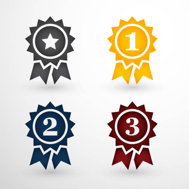 Award Badges Set Grey Gold Blue and Red Award Badges Set, First Secon Third place Third Place stock illustrations