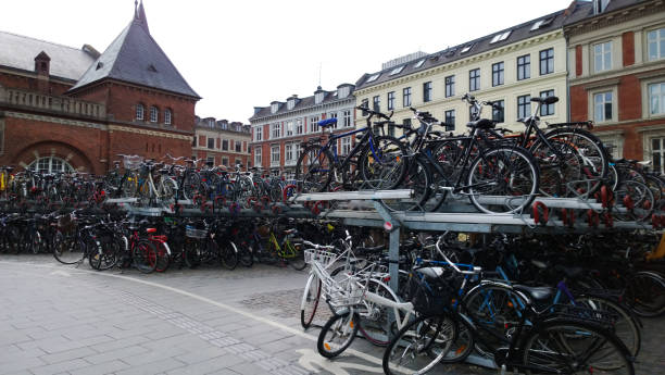 Huge Bicycle Parking in Copenhagen near the Central train station stock photo