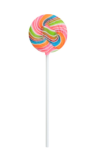 Colorful rainbow lollipop swirl on stick isolated on white background.