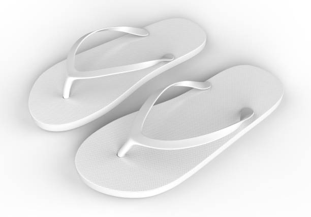 istock Pair of blank white beach slippers, design mock up, clipping path, 3d illustration. Home plain flip flops mock up template top view. Clear bath sandal display. Bed shoes. 869985300
