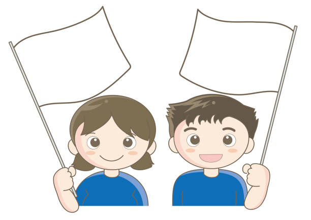 Boy and girl  supporting with flag Margin such as logo and character space is provided in the flag part. pep rally stock illustrations