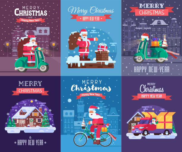 illustrations, cliparts, dessins animés et icônes de set de cartes de noël avec prestation de santa - père noel à vélo