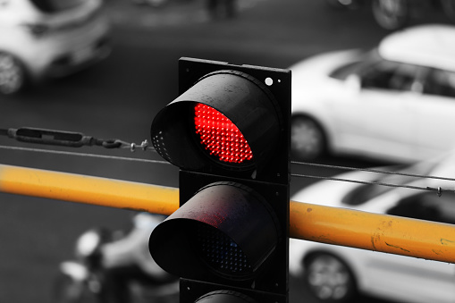 Traffic signal close up red light.