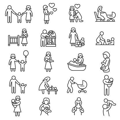 Family, icons set. Baby care, thin line design. Motherhood and fatherhood, linear symbols collection. The interaction of family members, isolated vector illustration.