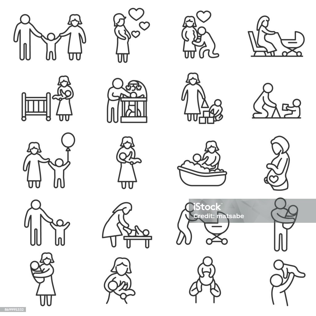 Family, icons set. Editable stroke Family, icons set. Baby care, thin line design. Motherhood and fatherhood, linear symbols collection. The interaction of family members, isolated vector illustration. Icon Symbol stock vector