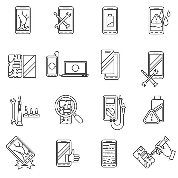 ремонт мобильного телефона, набор иконок. редактируемый штрих - mobile phone flash stock illustrations