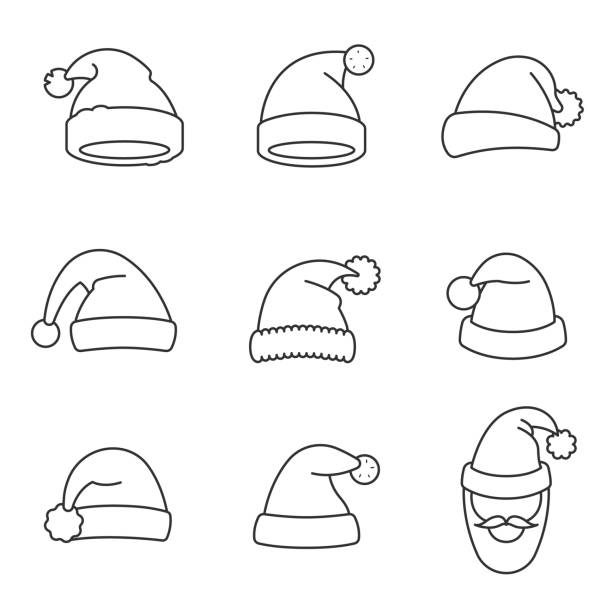 stockillustraties, clipart, cartoons en iconen met hoeden santa claus, dunne lijn ontwerp. bewerkbare beroerte - kerstmuts
