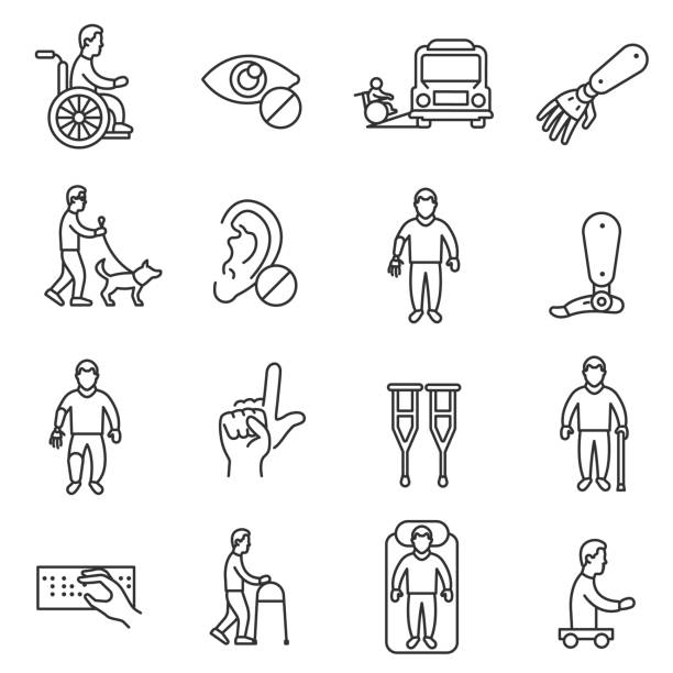 illustrazioni stock, clip art, cartoni animati e icone di tendenza di icone disabilità impostate. tratto modificabile - silhouette interface icons wheelchair icon set