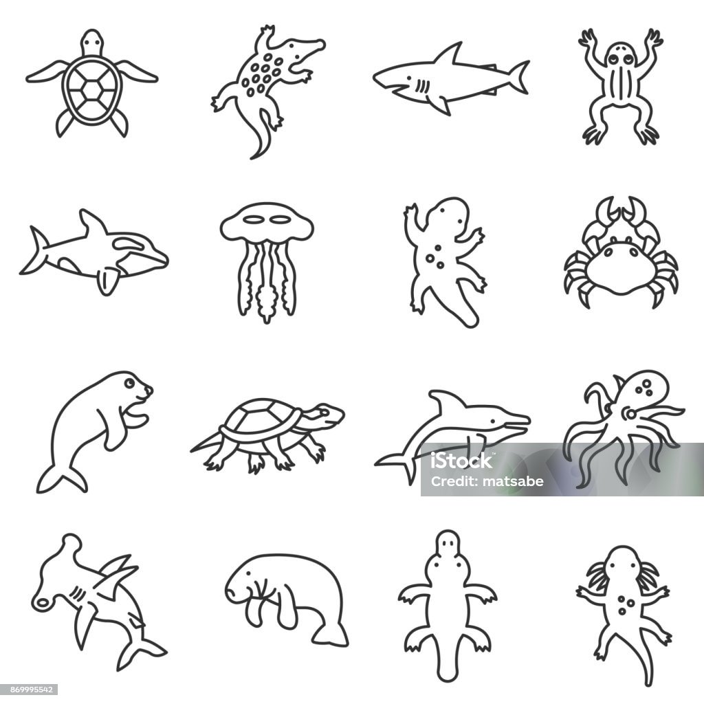 Aquatic animals icons set. Editable stroke Aquatic animals icons set, line style. living in the seas, oceans and fresh water isolated symbols collection Icon Symbol stock vector