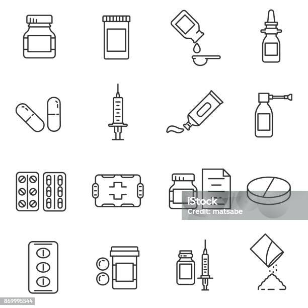 Medications Pharmaceutical Drugs In Different Packages Editable Stroke Stock Illustration - Download Image Now