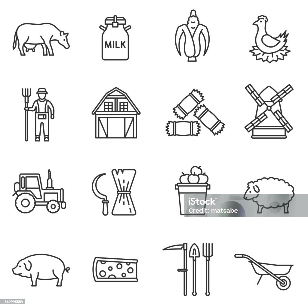 farm icons set. Editable stroke farm icons set. agriculture and livestock, thin line design. Farm food, linear symbols collection. Harvesting, isolated vector illustration. Icon Symbol stock vector