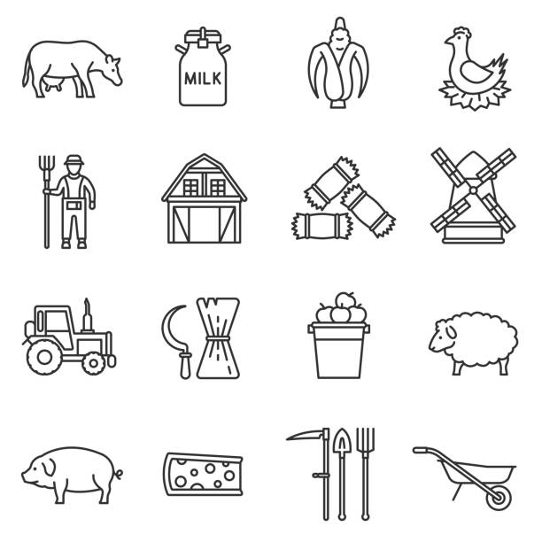 farm icons set. Editable stroke farm icons set. agriculture and livestock, thin line design. Farm food, linear symbols collection. Harvesting, isolated vector illustration. farmer icons stock illustrations