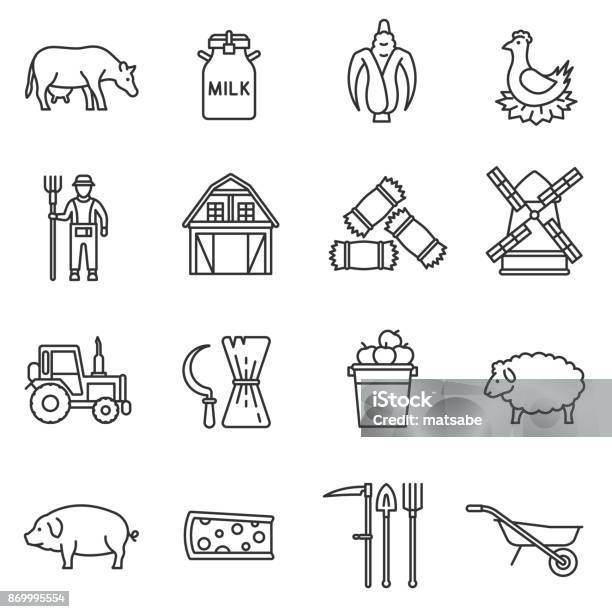 Farm Icons Set Editable Stroke Stock Illustration - Download Image Now - Icon Symbol, Domestic Cattle, Cow