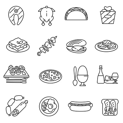 Food, line icons set. Various dishes, symbols collection. Home and restaurant food products, vector linear illustration