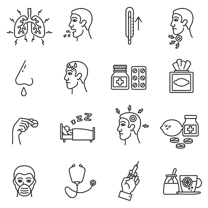 Flu icons set. ARI, thin line design. Respiratory disease, linear symbols collection. Symptoms and treatment of colds and flu, isolated vector illustration.