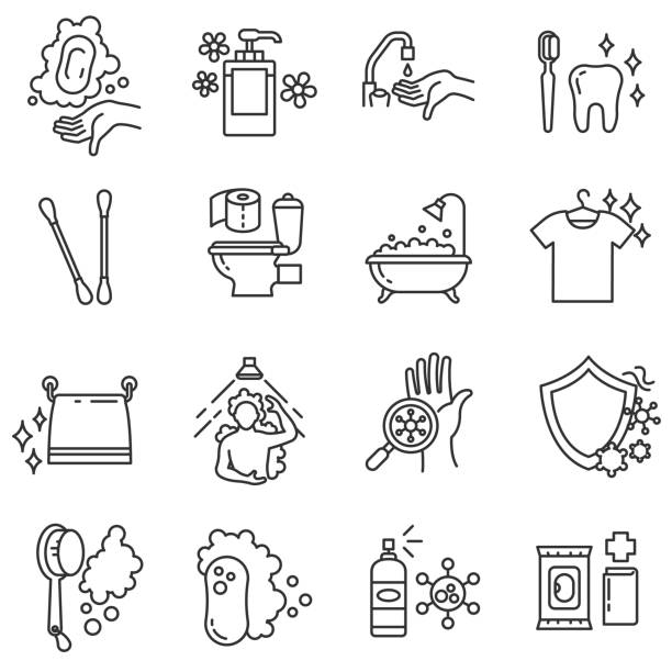 ilustrações de stock, clip art, desenhos animados e ícones de hygiene icons set. editable stroke - beautiful decor shower design