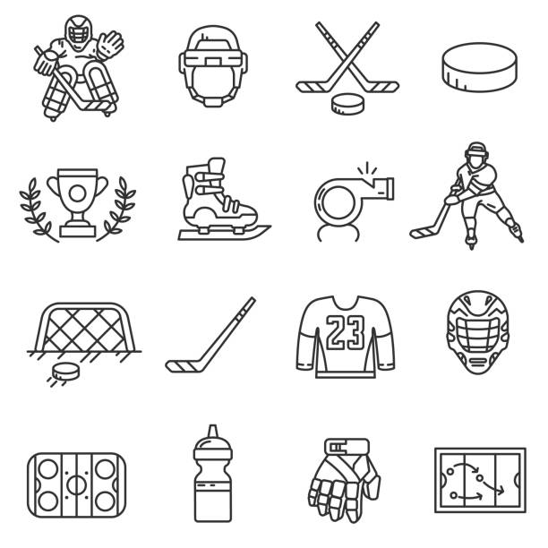 ilustrações, clipart, desenhos animados e ícones de conjunto de ícones de hóquei. curso editável - roupa desportiva de protecção