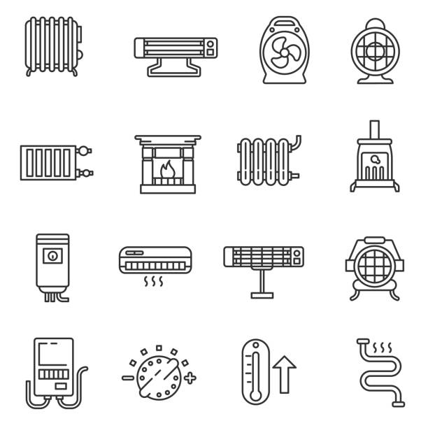 illustrazioni stock, clip art, cartoni animati e icone di tendenza di set di icone dei riscaldatori. tratto modificabile - radiator