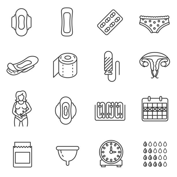 Menstruation icons set. Editable stroke Menstruation icons set. Monthly menstrual cycle, thin line design. Linear symbols collection. Tracking of the menstrual cycle, isolated vector. Hygiene products sanitary napkin stock illustrations