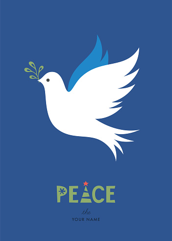 Peace Dove with branch. Merry Christmas and winter holidays card design. Vector illustration.
