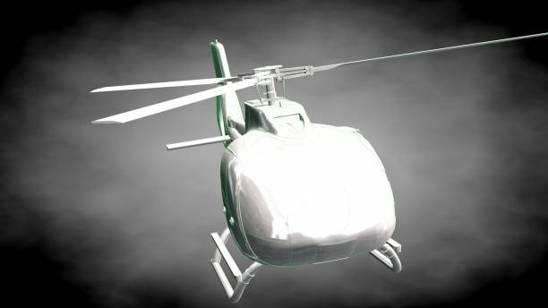 istock 3d rendering of a reflective  helicopter with green outlined lines as blueprint on dark background 870006292